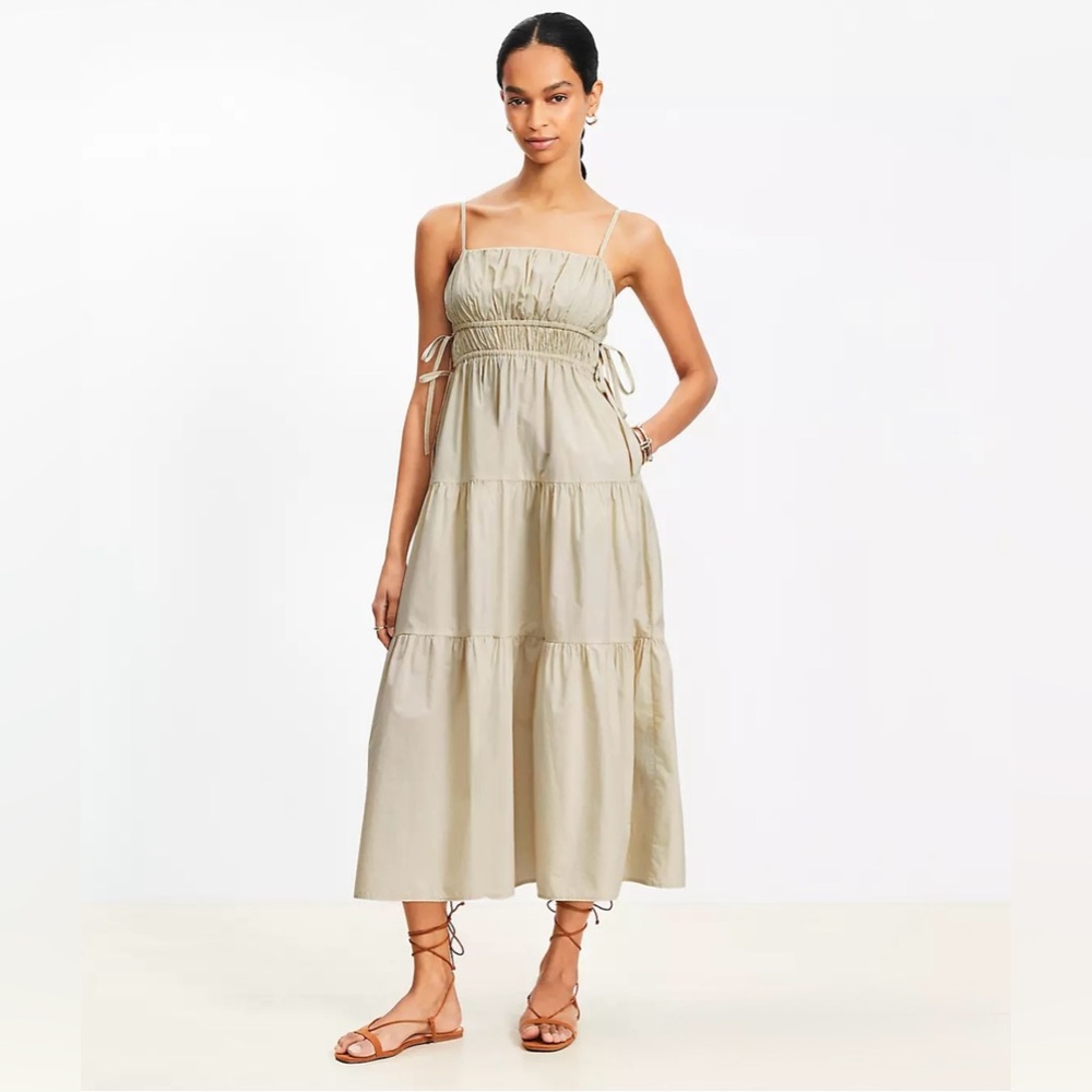 LOFT Pleated Side Tie Spaghetti-Strap Tiered Maxi Dress